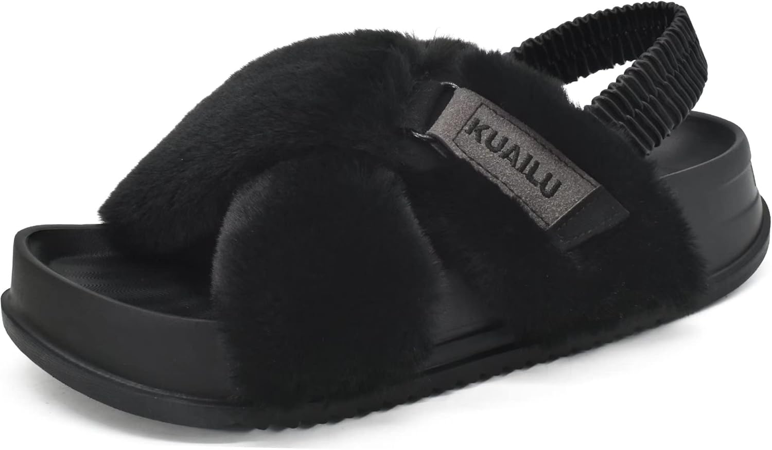 KuaiLu Womens Fuzzy Criss Cross Band Platform Slippers Arch Support Furry Faux Fur Ladies Open Toe Cozy Soft Plush Fleece Comfy House Shoes Sandals