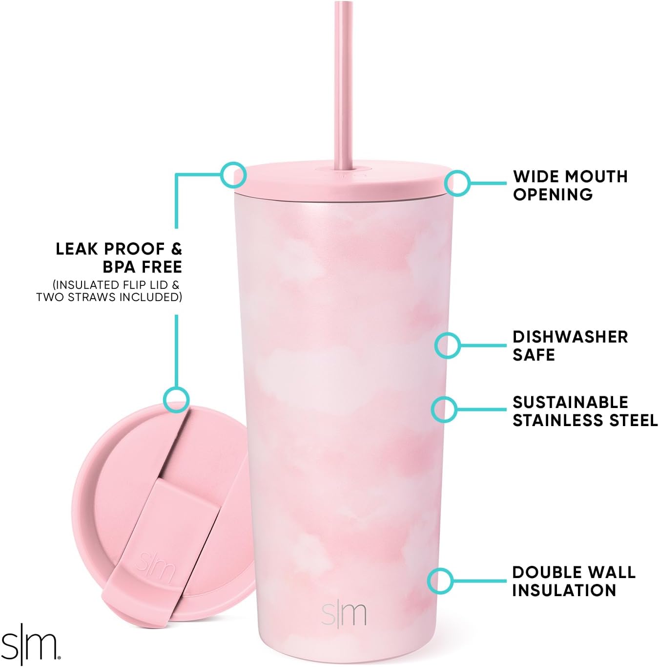  Insulated Tumbler with Lid and Straw | Iced Coffee Cup Reusable Stainless Steel Water Bottle Travel Mug | Gifts for Women Men Her Him | Classic Collection | 20oz | Blush Tie Dye thumbnail
