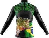 Camisa de Pesca Masculina Tucunaré Brasil Manga Longa Gola Alta Estampa Camuflada Peixe Proteção Solar Antimosquito