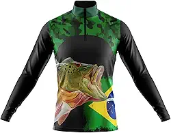 Camisa de Pesca Masculina Tucunaré Brasil Manga Longa Gola Alta Estampa Camuflada Peixe Proteção Solar Antimosquito