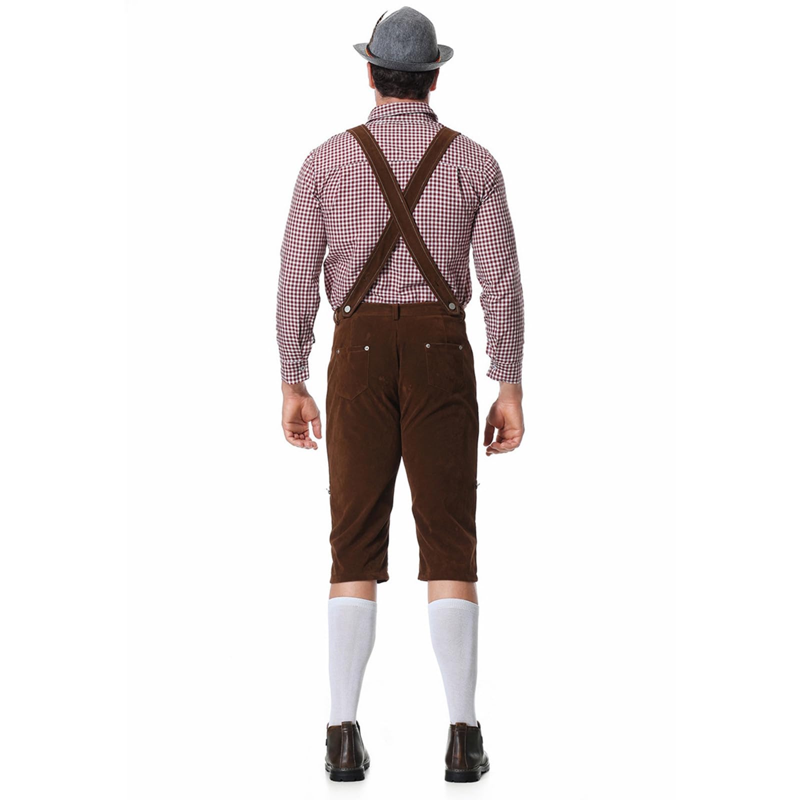Lederhose Herren Kurz,Lederhosen Tracht Herren Oktoberfest Outfit Mit LäTzchenträGer Kariertes Hemden Und Bayerischen FilzhüTe Dunkelbraun Trachtenhose Pflegeleicht Trachtenlederhosen