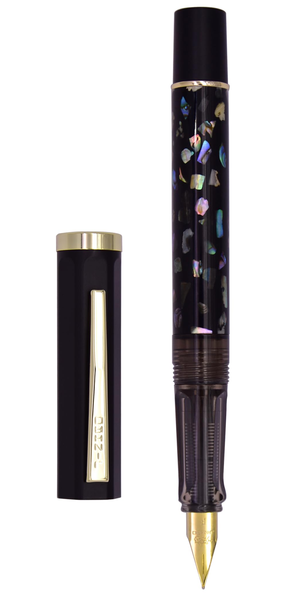 XIAOYU Retro Jinhao 58 Fountain Pen, Unique Sea Shell Inlay Design, Gold Trim with Ink Converter, Iridium Extra Fine Nib(0.38mm), Matte Black(Black Shell)