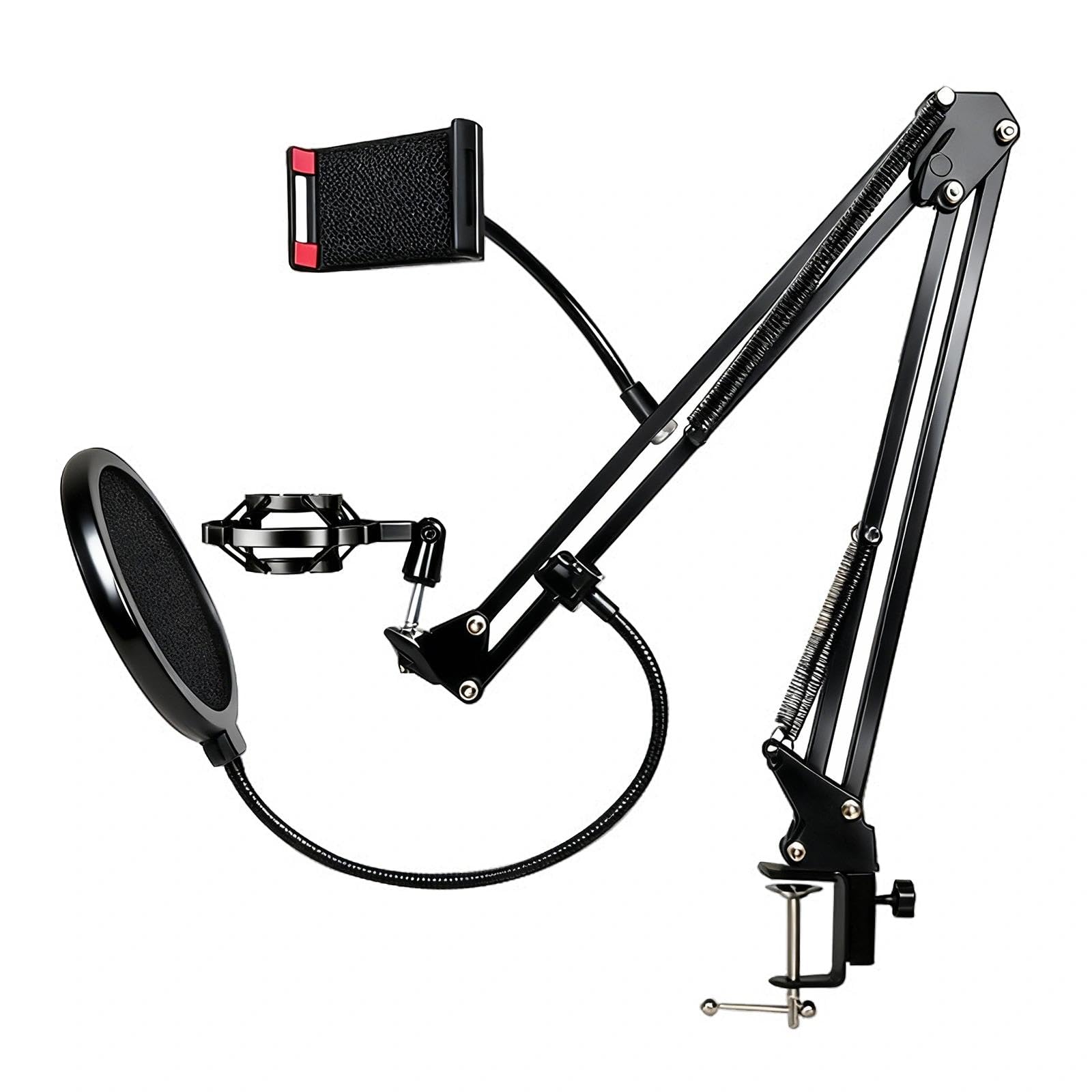 Braccio Microfono A 4 Assi In Metallo, Regolazione 360°, Morsetto Da Scrivania Fino A 6 Cm, Kit 10 Pezzi Con Filtri E Adattatori, Per Blue Yeti, HyperX E Altri