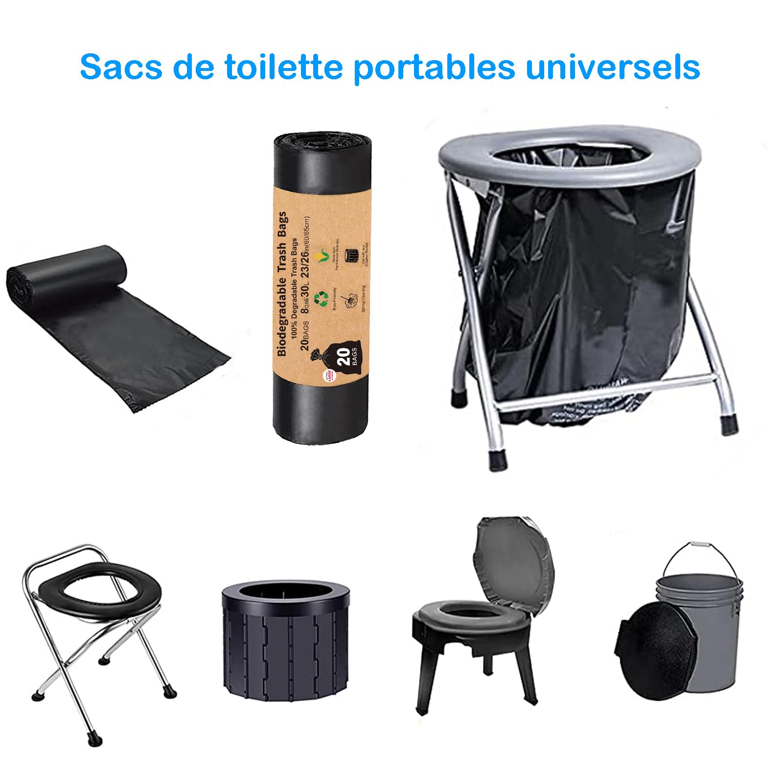 Sacs de toilette portables pour le camping, 40 sacs de remplacement de toilette, 8 gallons, 30 litres sacs de toilette de camping, sacs de toilette compostables pour toilette portable, extérieur, navi