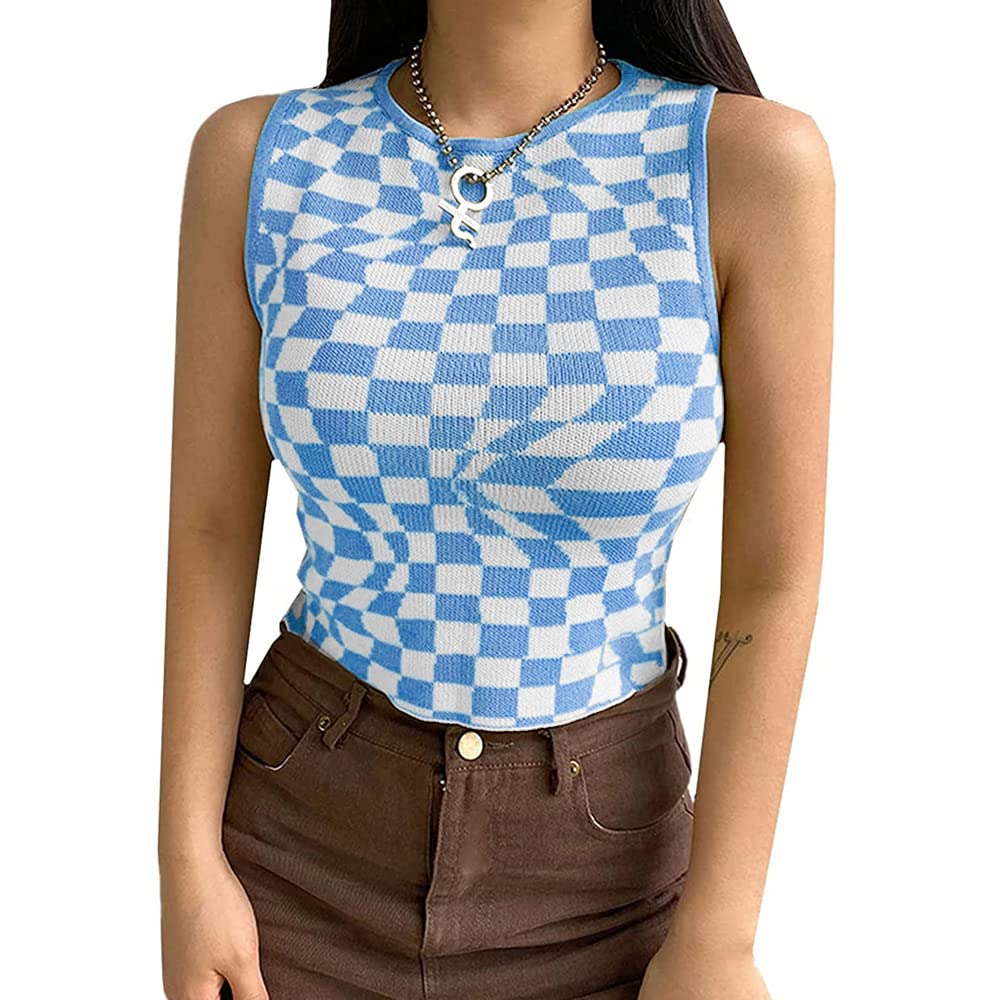 Women's Plaid Printed Sleeveless O Neck Camisole Harajuku Vintage Knitted Cropped Tank Top