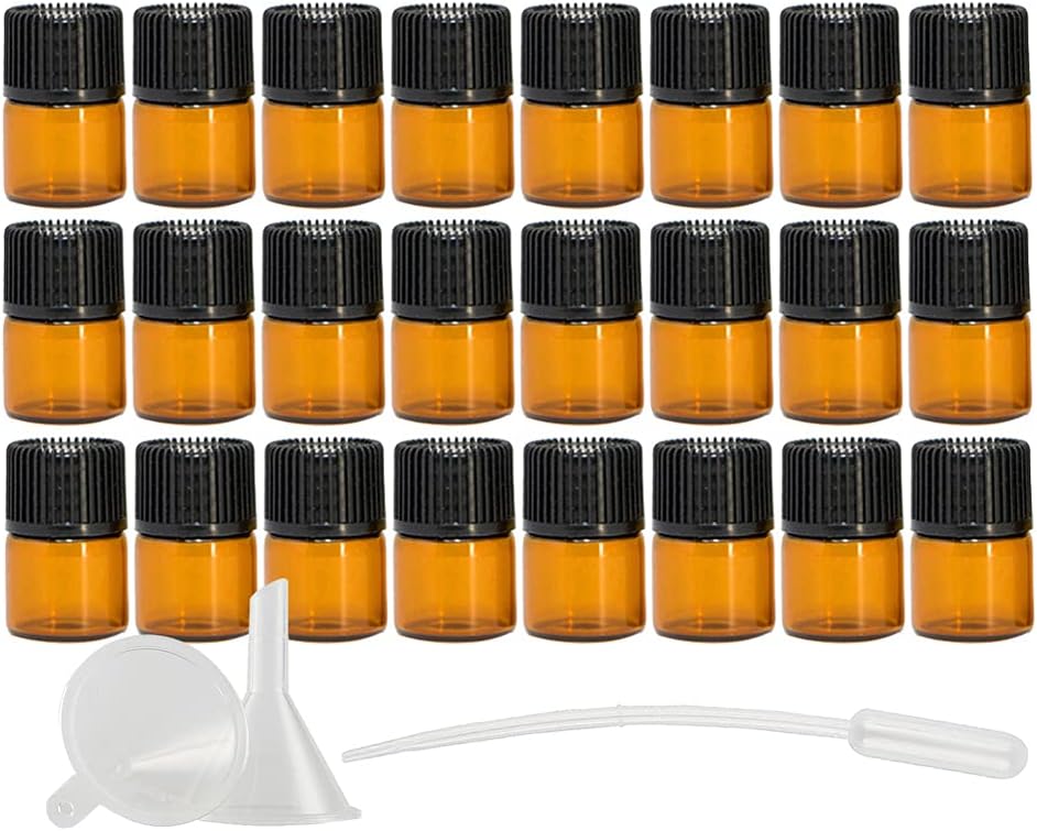 50 Pack Mini 1ml Empty Amber Glass Vials Essential Oil Bottles with Orifice Reducer Black Cap for Essential Oils Lab Chemicals Cosmetic Colognes Perfume Aromatherapy Sample Bottles