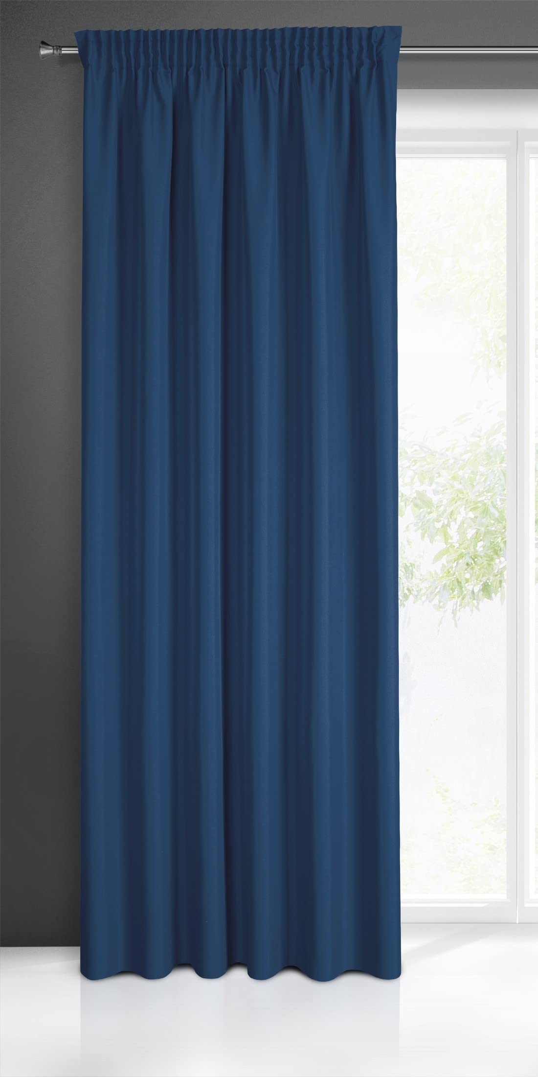 Eurofirany Blue Smooth Plain Modern Curtain With Rufflette Tape For Rail-1 Unit, Bedroom, Living Room, Lounge, Kitchen, 140G M/2, Polyester, Dark W55 X L106