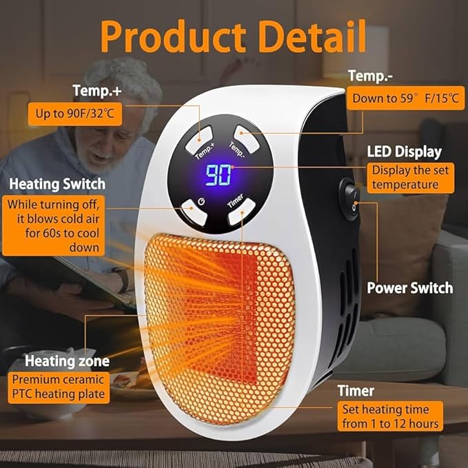 Calefactor Eléctrico Portátil con Termostato Digital y Temporizador miniatura 3