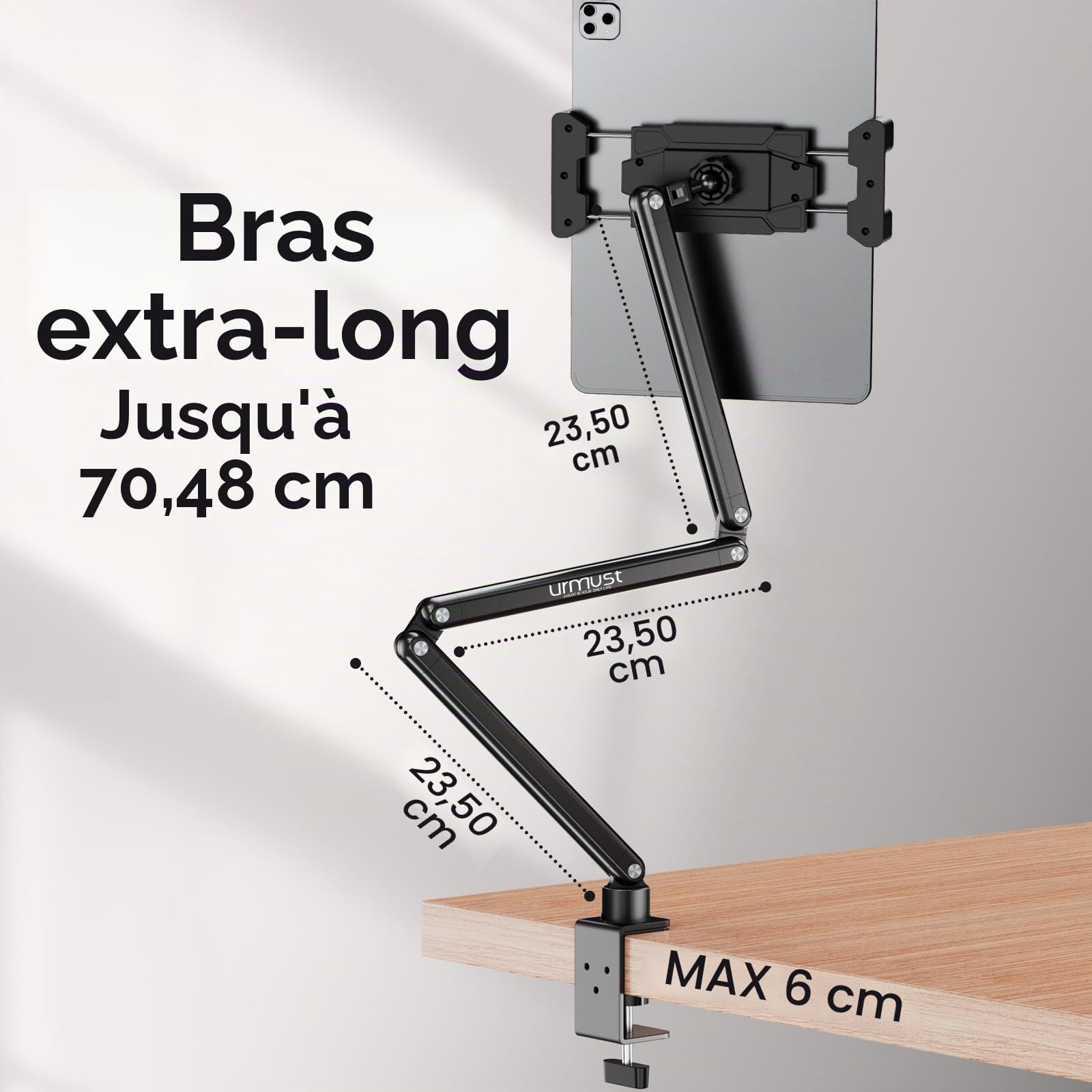 Urmust Support de Tablette en Aluminium Rotation à 360°, Support Mural réglable pour iPad, avec Bras Extensible en Aluminium réglable pour 4,7" à 18,5" iPad/Portable Monitor