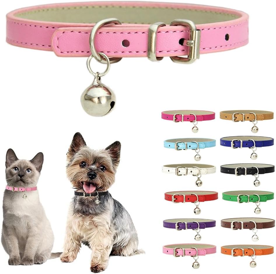 Pink XXS Dog Collar with Bell,Soft Pu Leather Female Puppy Collar with Bells Basic Girls Cat Collar with Bells for XXS XSmall Small Medium Pet Cats Kitten Tiny Animal Yorkie Chihuahua,XXSmall