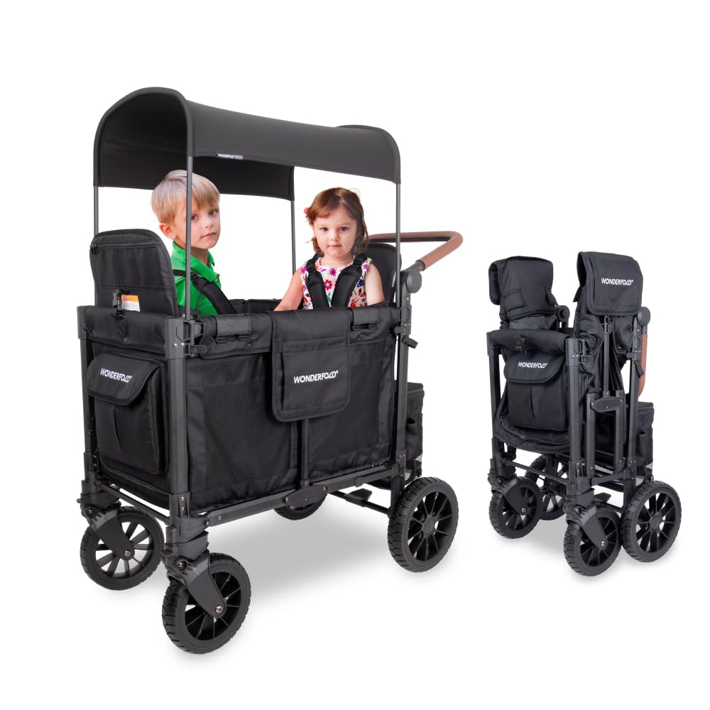 WONDERFOLD W2 Luxe Pro Stroller Wagon (2 Seater) - Collapsible Wagon Stroller with Seats Featuring 5-Point Safety Harnesses and Adjustable Sun Canopy, Jet Black