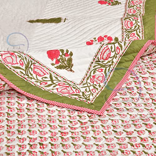Image of 380 GSM Jaipuri Hand Block Flower and Tree Design Printed Reversible Pure Cotton Double Bed Winter and Summer Quilt Razai - King Size Red, Green, Cream and Multicolor, Rajai