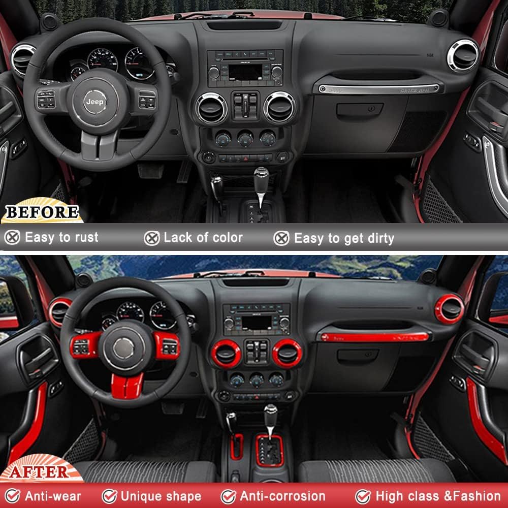 Full Set Interior Decoration Trim Kit Steering Wheel & Center Console Air Outlet Trim, Door Handle Cover for Jeep Wrangler JK JKU 11-18 2 Door& 4-Door, not for 2018 2019 JL JLU/Jeep Patriot