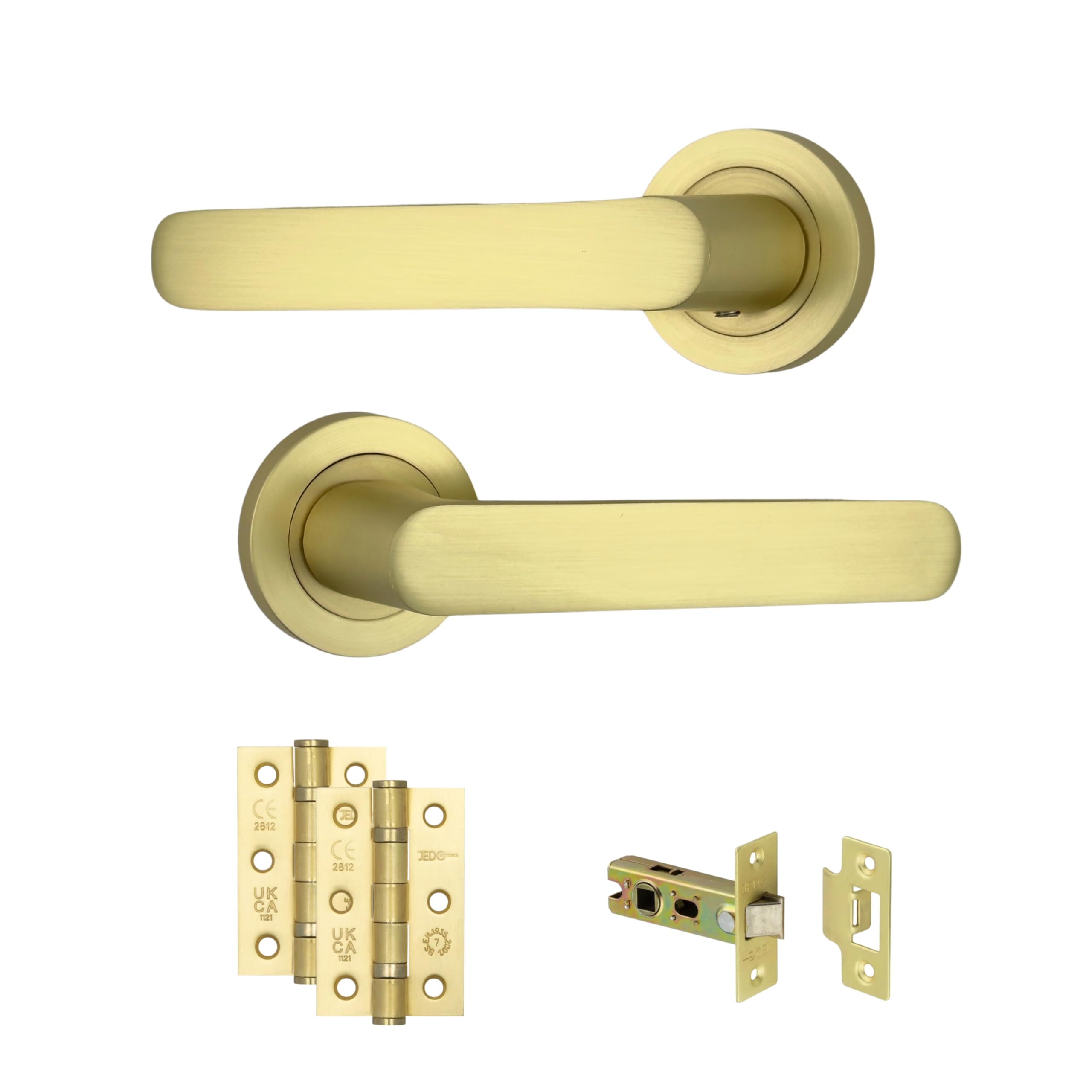AXS Harlem Door Handle Pair on Rose – Internal Lever Handles with Sleek Bar Design – Latch & Bathroom Door Pack Options – Matt Black, Satin Brass, Antique Brass (Satin Brass, Door Pack)