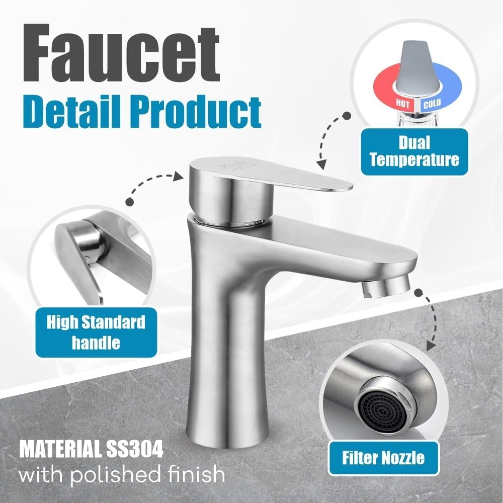 Grifo Monomando de Acero Inoxidable para Lavabo con latiguillo normalizados para España de 3/8. Elegancia y Funcionalidad.