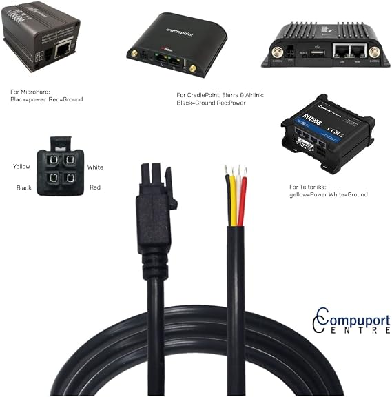CompuPort - 4 Pins Boot Molex DC GPIO Power Cable Shielded and soldered Tips, Compatible with Microhard, Cradlepoint, Teltonika, Sierra Wireless Airlink,Peplink, Perle and More Cellular Modems