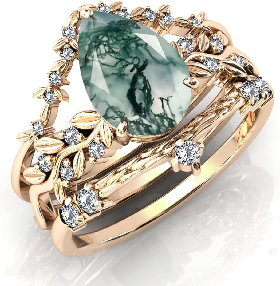 Natural Moss Agate Engagement Ring Set 925 Sterling Silver Rings for Her with Free Engraving Jewelry Gift for Women Moss Agate Vintage Ring Set-1