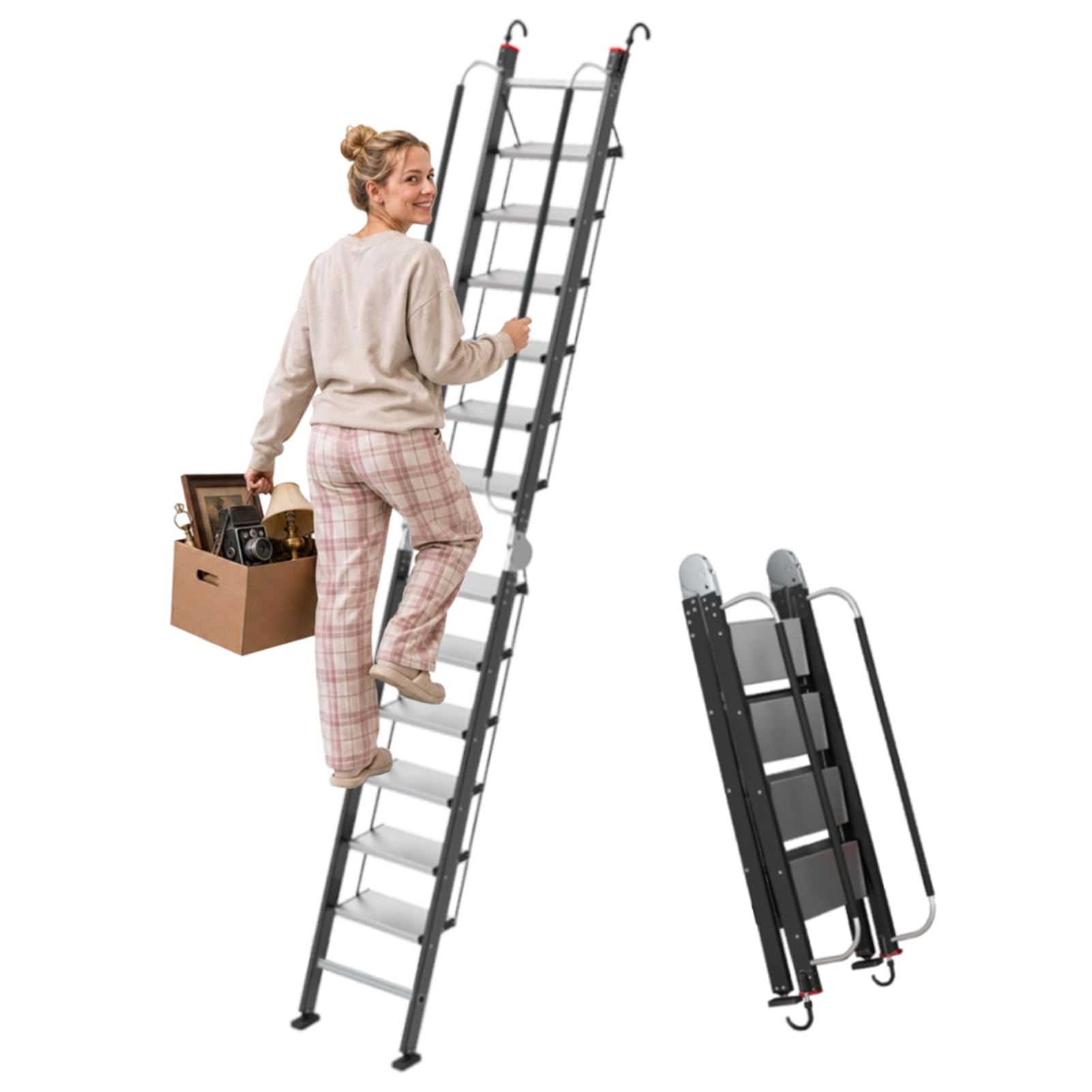 Klappbare Dachbodentreppe mit Handlauf ＆ Haken, 3–3,2m Deckenhöhe Aluminium-Bodentreppe, 12-stufige Dachbodenleitern mit Rutschfesten Stufen ＆ Fußpolstern, Tragfähigkeit 150kg