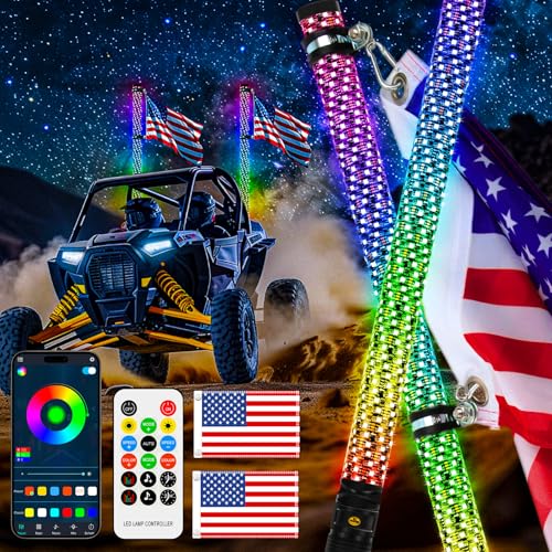 2PCS 3FT Fat Whip Lights Chasing APP & Remote Control w/Spring Base