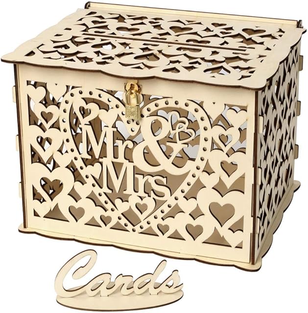 PRETYZOOM Wooden Wedding Card Box Money Post Box Rustic Hollow Wooden Reception Card Box DIY Envelop Gift Card Boxes Vintage Event Card Box with Lock and Slot for Wedding Bridal Shower Party
