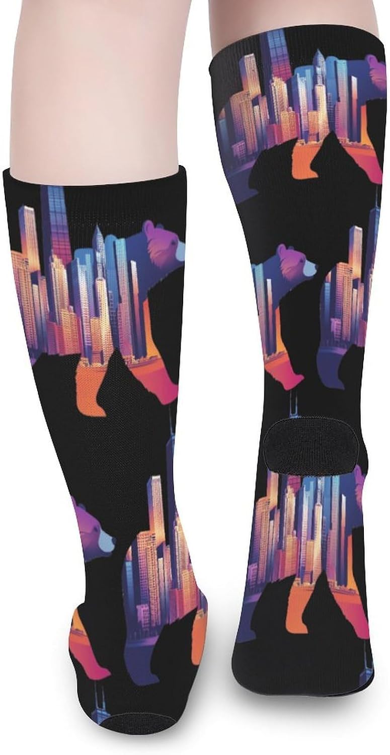 Walking Bear Silhouette Chicagos City Skyline Knee High Socks Athletic Long Stockings Sport Casual Crew Tube Sock Boot 40cm