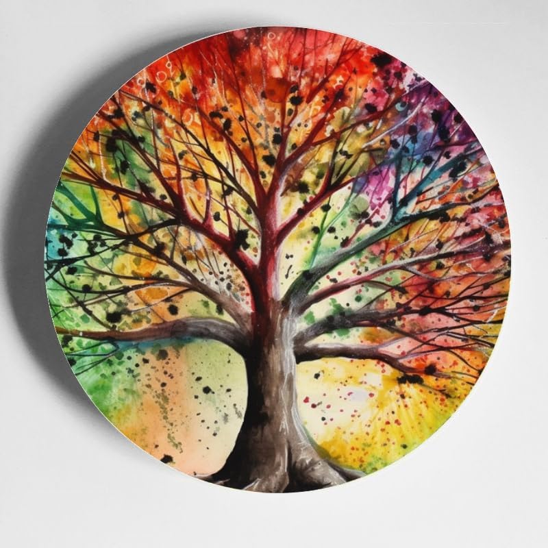 Tie-dye Rainbow Tree 10-inch Ceramic Plate for Wall Display or Tabletop, with Stand & Hook DP-490805713