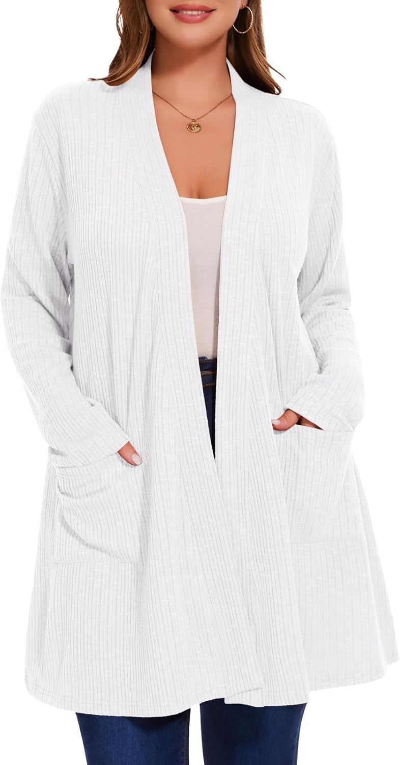 Women's Plus Size Cardigans Sweaters Casual Lightweight Open Front Cardigan Long Sleeve Tops with Pocket