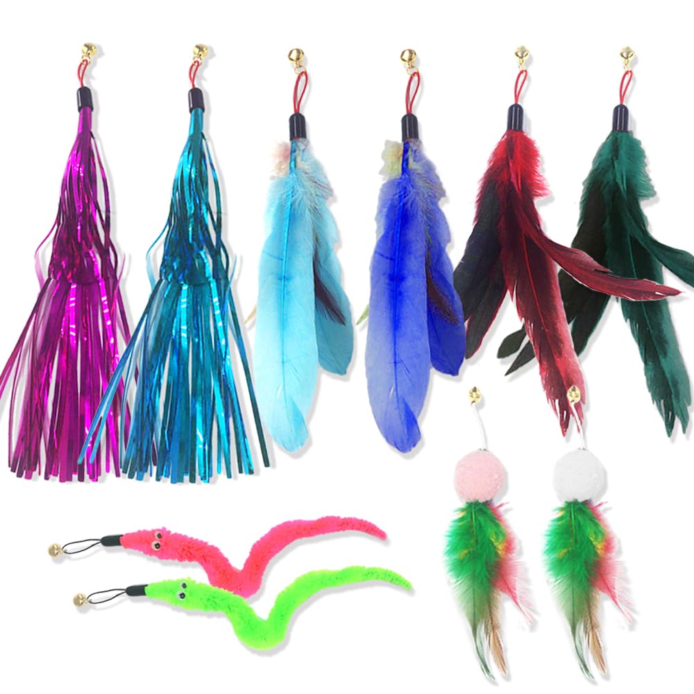 Blinggo Cat Wand refills Cat Toys Replacement 10 pcs, Interactive Feather Teaser Refill Set for Retractable Cat Fishing Rod Toys (Color Random)