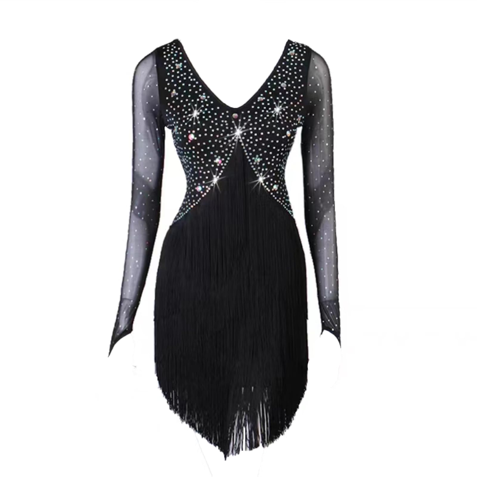 Abiti Latini Professionali per Le Donne Ballo da Sala Performance Costume Frangia Cha Cha Salsa Competizione Dancewear,Nero,L