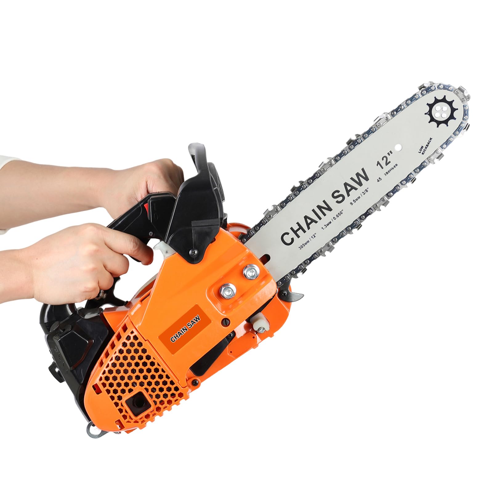 Motosierra de gasolina con mango superior, 2 tiempos, 25,4 cc y 1,2 HP, motosierra pequeña de 12 pulgadas, funciona con gasolina, antivibración, bajo ruido, engrasador automático, kit de herramientas