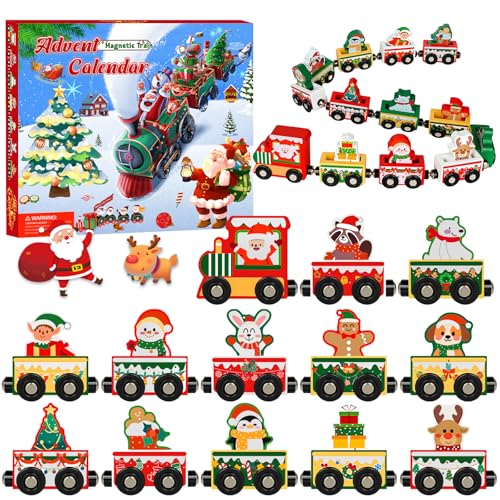 Advent Calendar 2025 Magnetic Wooden Animal Train for Kids,24 Day Christmas Advent Calendar Surprise Magnetic Train,Montessori Magnetic Train Toy Christmas Countdown Gift for Toddlers,Boys and Girls