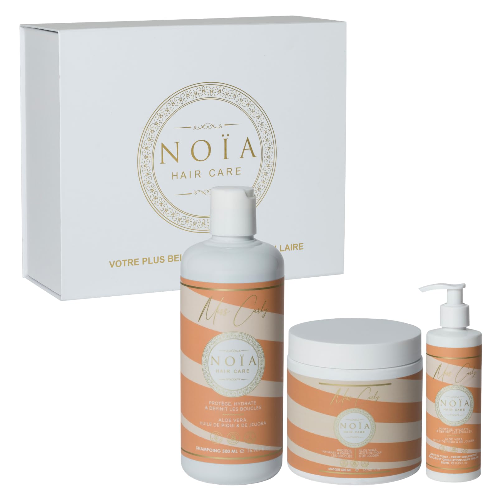 NOÏA HAIR – Coffret Trio Professionnel CURLY – Shampoing 500ml + Masque 500ml + Sérum 250ml – Hydratation & Anti-Frisottis – Définition des Boucles – Cheveux Bouclés, Frisés et Crépus