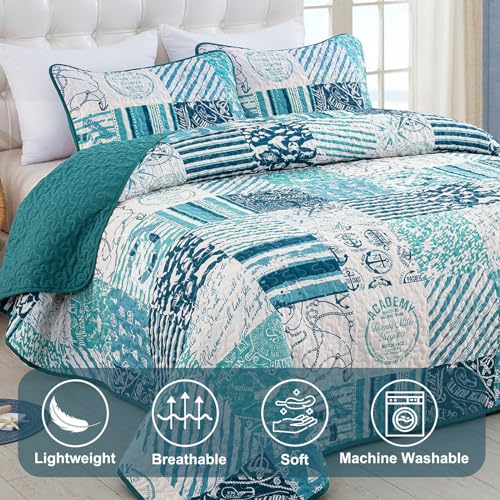 Dinjoy Summer Nautical Ocean Quilt Set Queen Size, Beige Blue Green Beach Coastal Themed Bedding Set Retro Anchor Sailboat Pattern Microfiber Lightweight Bedspread Coverlet Bed Set (96x90 Inch) - Image 4