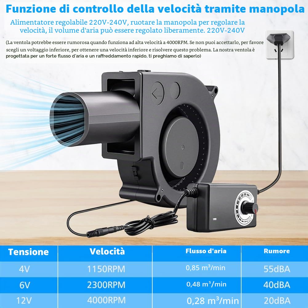 Ventola radiale da 12 V, 220 V, con controller per elettrodomestici, ventola per ventilazione, cambio della ventola, barbecue, camino gonfiabile, turbina per riscaldatori, barbecue, picnic