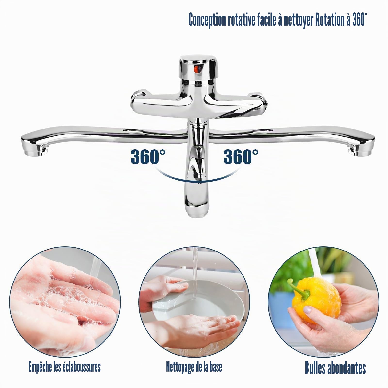 Mitigeur monocommande froid et chaud - Robinet de cuisine rotatif à 360° - Mural - Bras pivotant 24 cm - Chromé