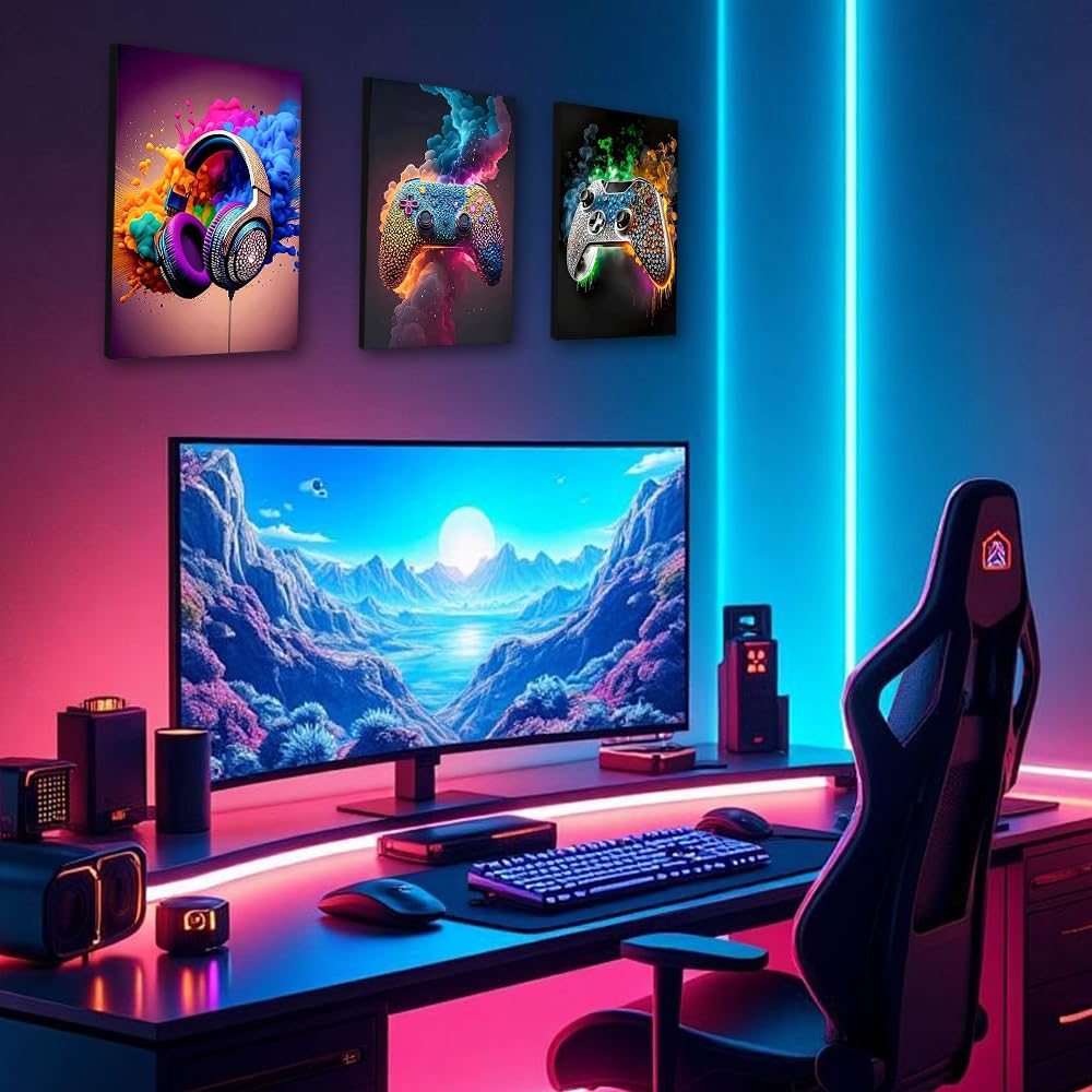 Rongxze 3 immagini da parete incorniciate, 40 x 30 cm, con strass scintillanti, gamepad, auricolari, decorazione da parete, tela HD per camera dei ragazzi, stanza dei giochi, Man Cave