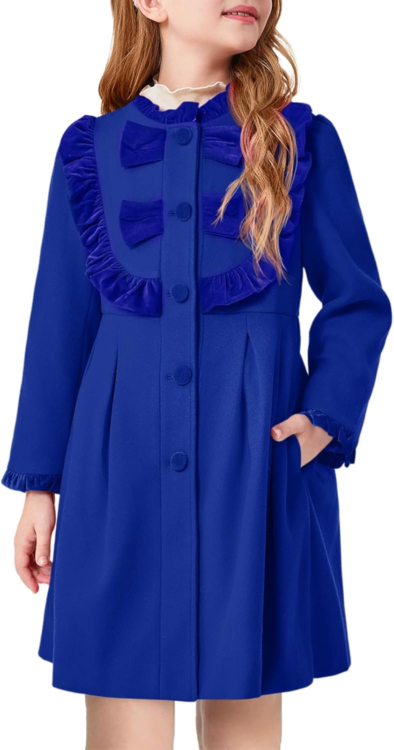 Haloumoning Girls Dress Coat Kids Ruffle Button Down Cute Bow Long Winter Jackets with Pockets 3-12 Years