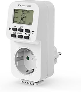 sonero digitales Thermostat Steckdose, Temperaturregler, Heizung, Kühlung, zeitgesteuert mit internem Fühler, für Terrarium, Gewächshaus, Räucherofen, als Frostwächter, 3600 Watt, weiß