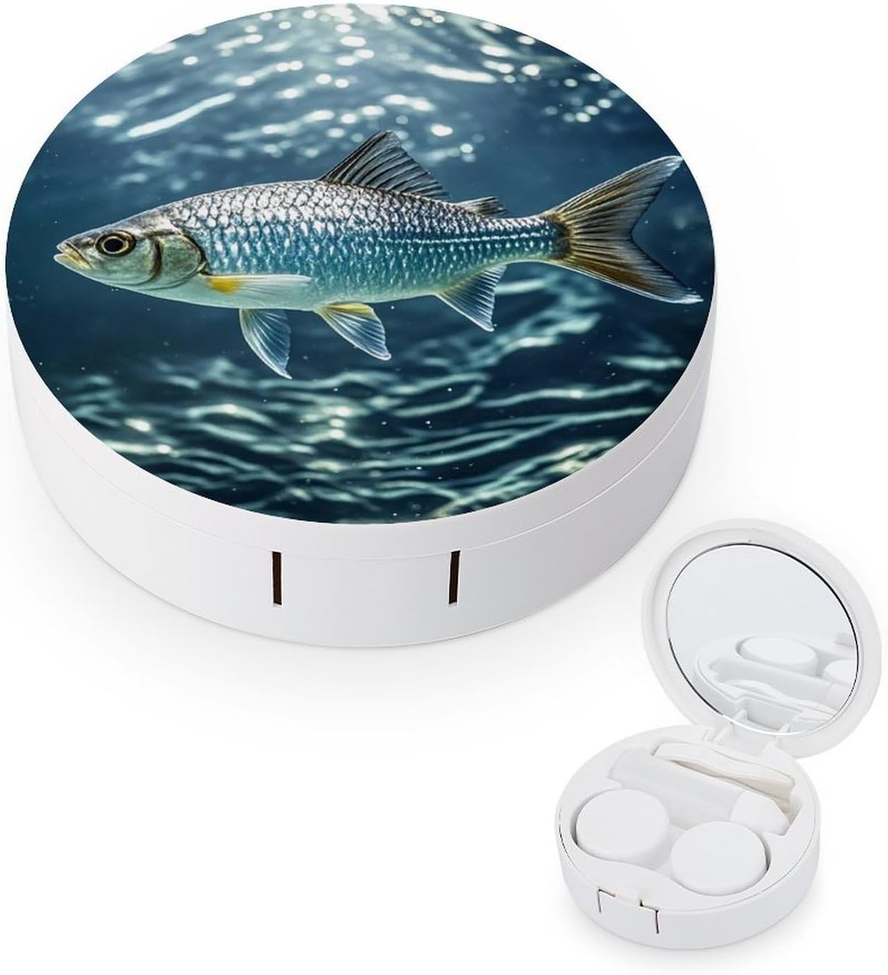 Swimming Fish Contact Lens Case with Cleaner Washer Cute Contact Lens Soak Storage Holder Container with Mirror Mini Portable Contact Lens Box Set for Travel Outdoor Use