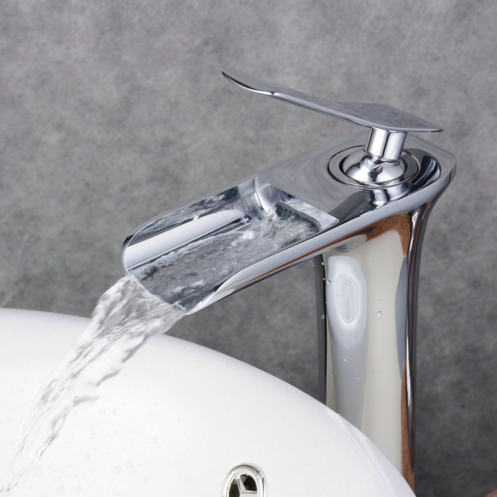 Beelee Waschtischarmatur Wasserfall Design, hoch Einhebel Waschbecken Wasserhahn mit Silber Farbe und Messing Material, Oberflächenbehandlungen Verchromung