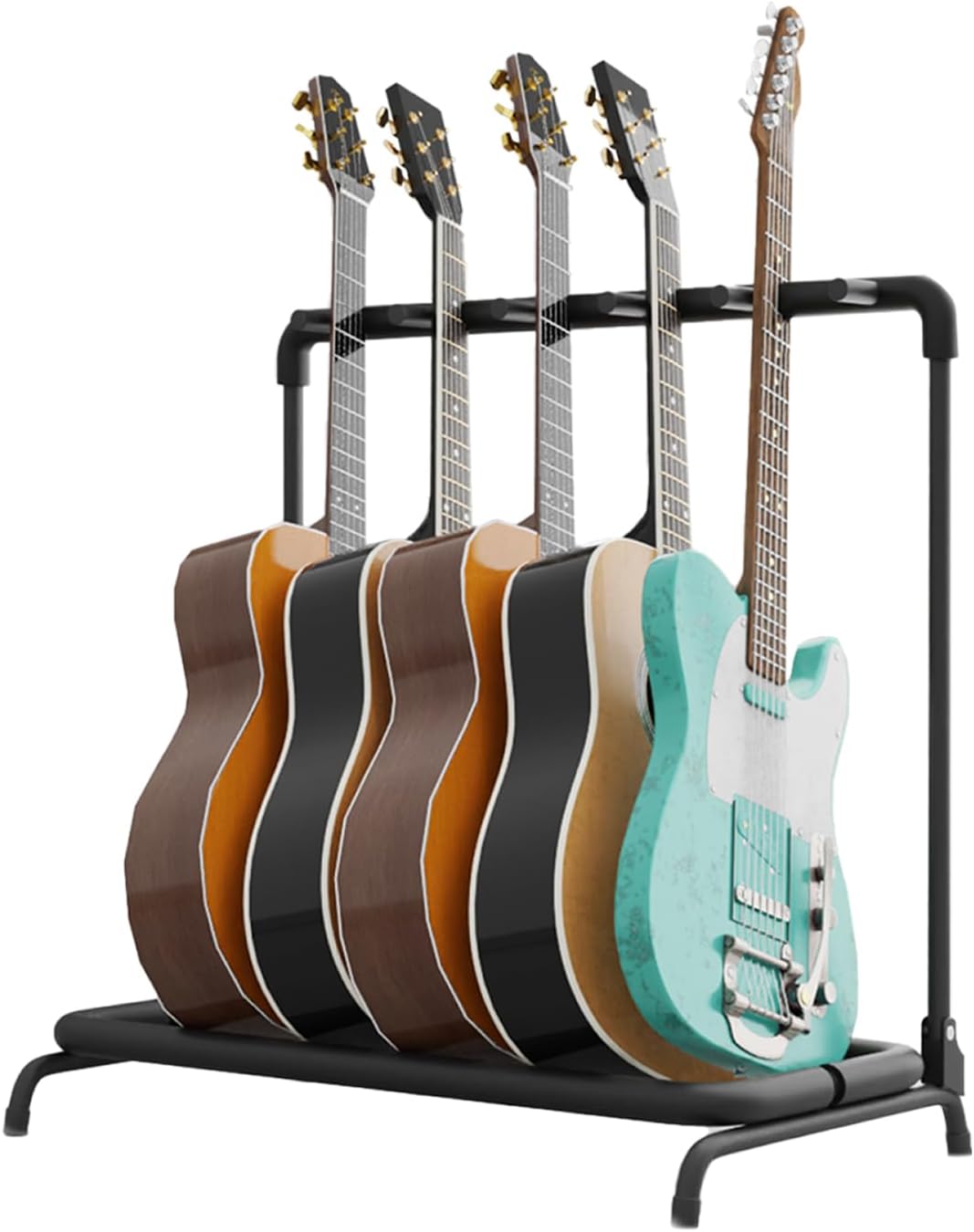 Flexzion 5-Guitar Stand Rack for Multiple Acoustic, Electric & Bass Guitars | Foldable Metal Floor Rack with Padded Foam Storage for Organized Guitars At Home, In Music Studios, Band Rooms or On Stage