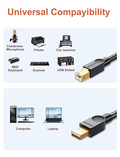 Miniatura 6 de Cable de impresora USB A a B de alta velocidad compatible con impresora, escáner, fax, laptop, computadora, micrófono, teclado midi y más, negro (5