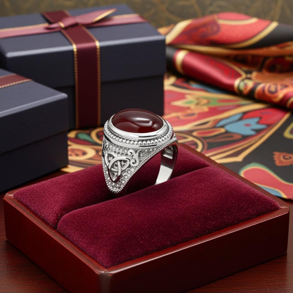 LA BLINGZ 14K White Gold Celtic Trinity Knot Triquetra Oval Cabochon Red Onyx Gemstone Unisex Ring