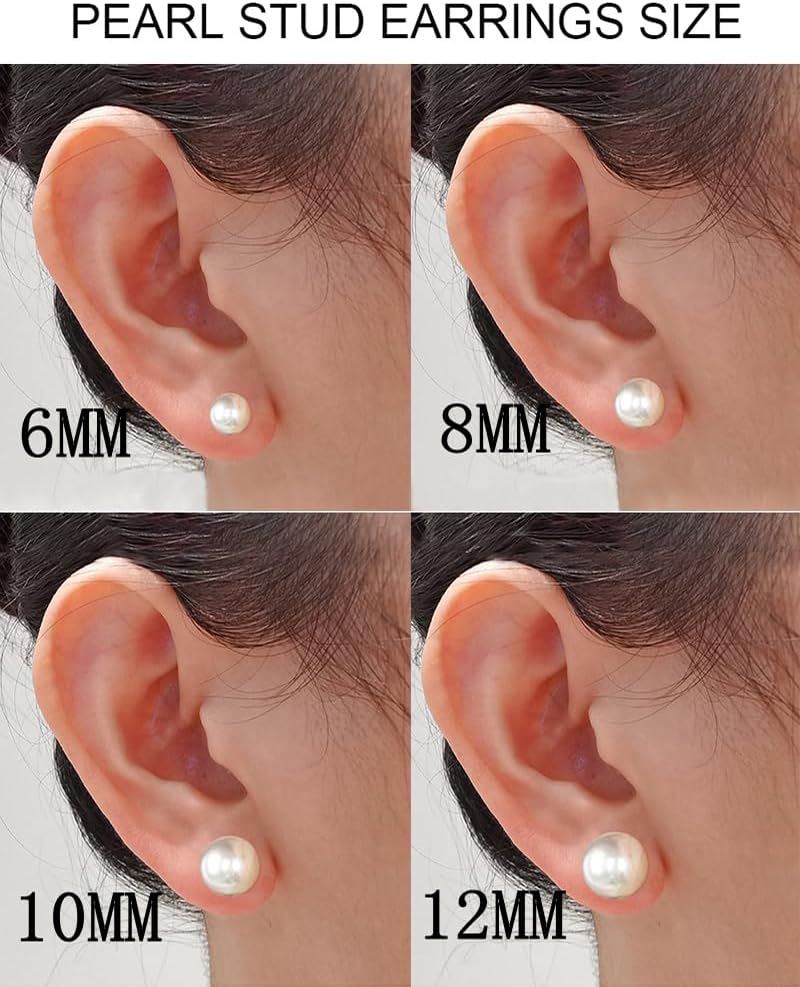 925 Sterling Silver Stud Earring Round Pearl Stud Earrings Set Jewelry for Women, 8MM/10MM/12MM - Image 6