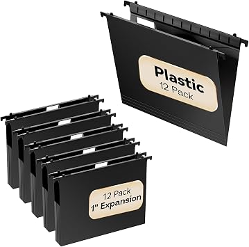 Plastic 12 Pack Heavy Duty 1 Inch Expansion Reinforced Hanging Folders & 12 Pack Hanging File Folder Letter Size for Filing Cabinet