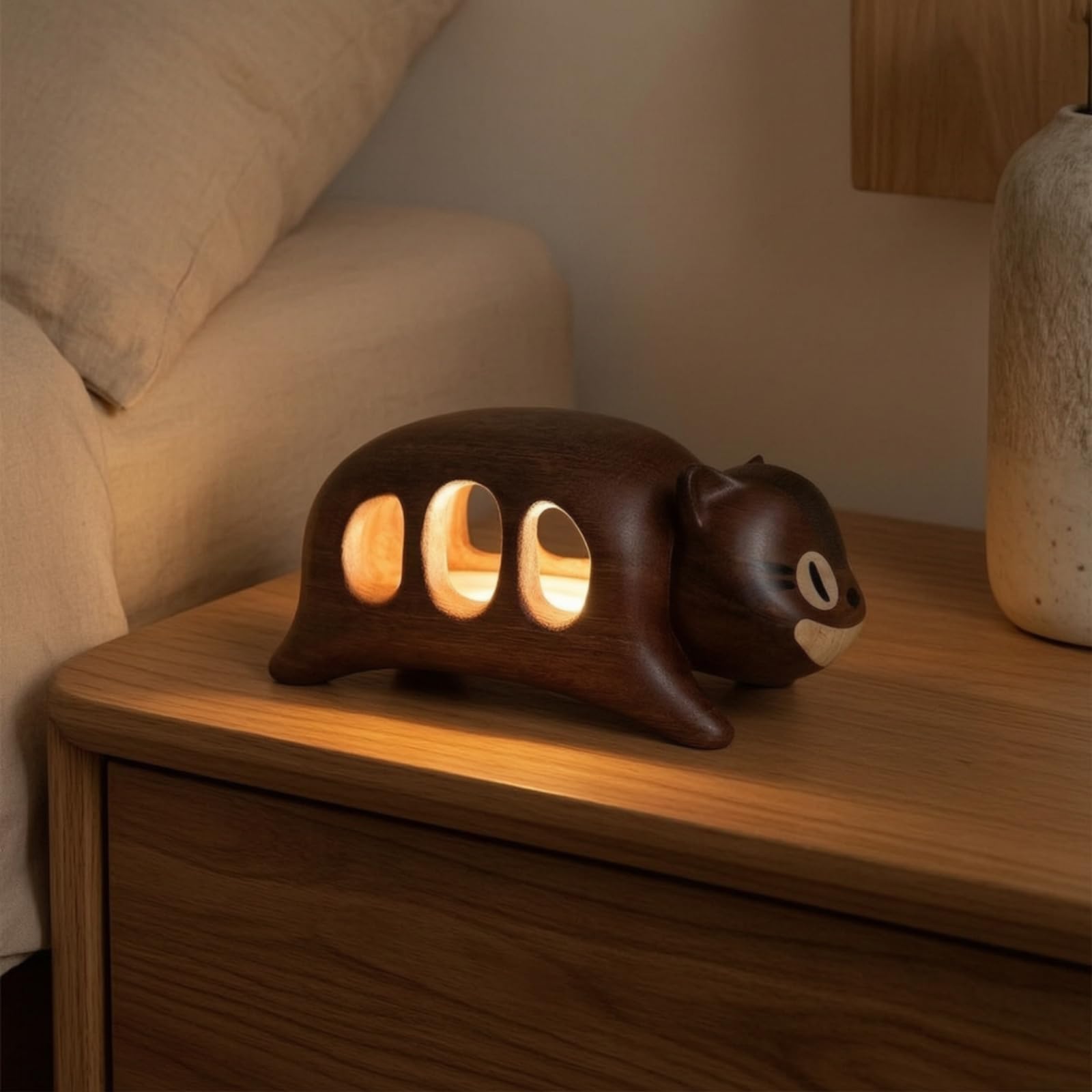 Nachtlicht Katze Holzlampe Skulptur Figur Deko Designobjekt aus mit Glatter Oberfläche Und Rundem Stand für Schlafzimmer Kinderzimmer Nachttisch Zuhause Leseecke 16x7.5x7.6cm