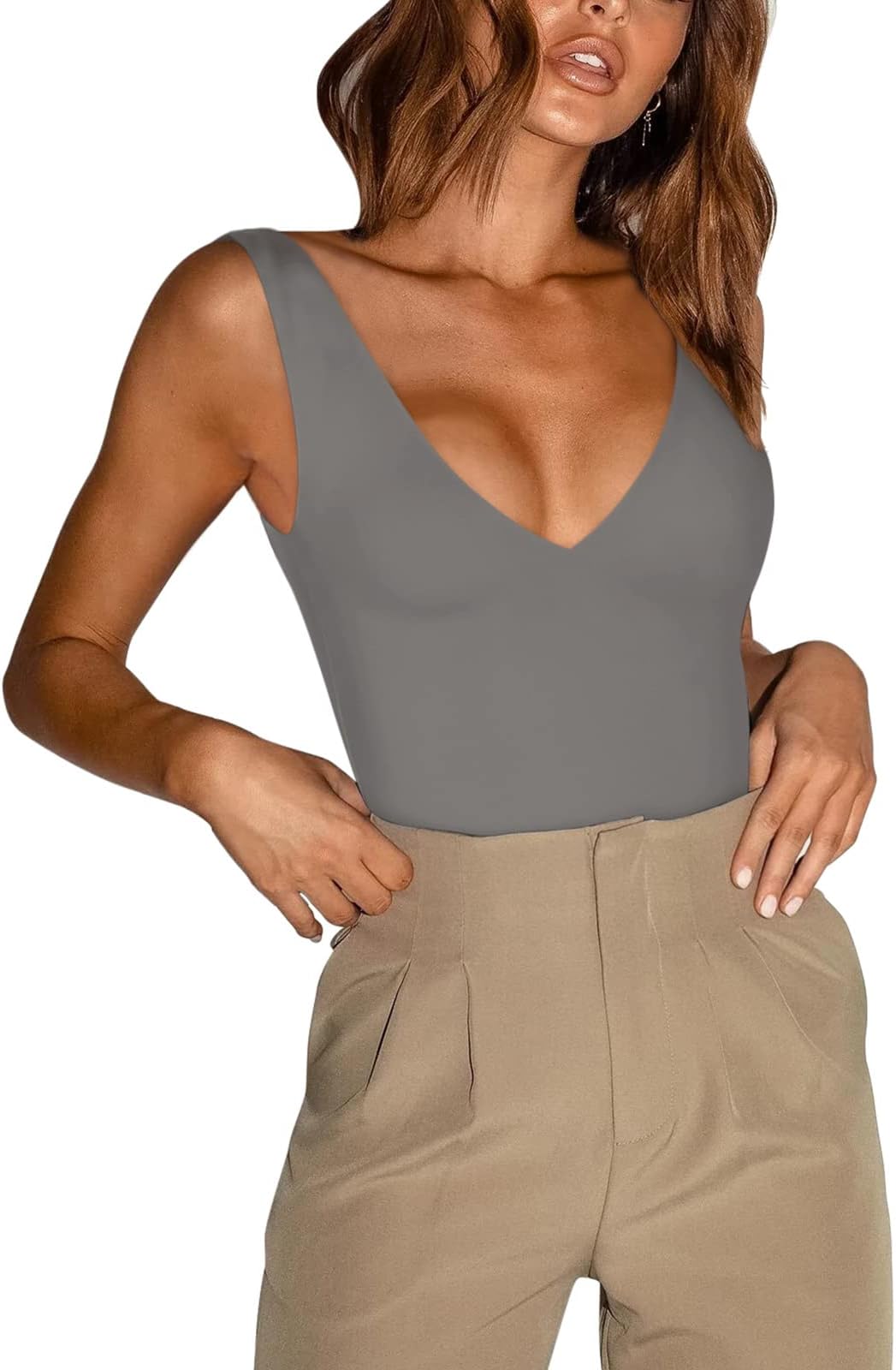 REORIAButsmooth® Women’s Trendy Sexy Plunge Deep V Neck Sleeveless V Backless Going Out Tank Bodysuits Tops
