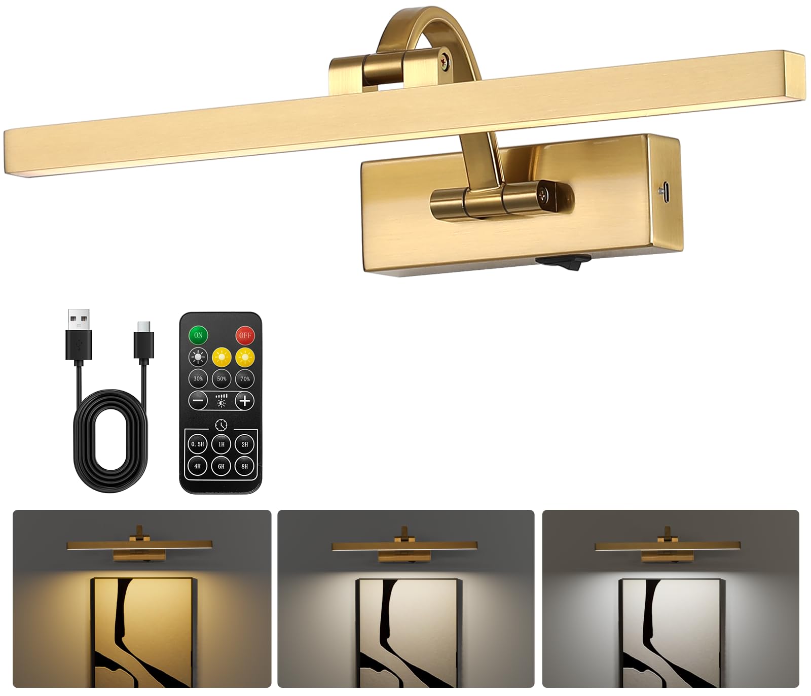 Picture Lights for Wall Battery Operated 3 Colors Dimmable Lights for Pictures On Wall 15.56 Inch Brass Art Lighting for Paintings Wireless Gallery Light Poster Lights with Remote and Timer