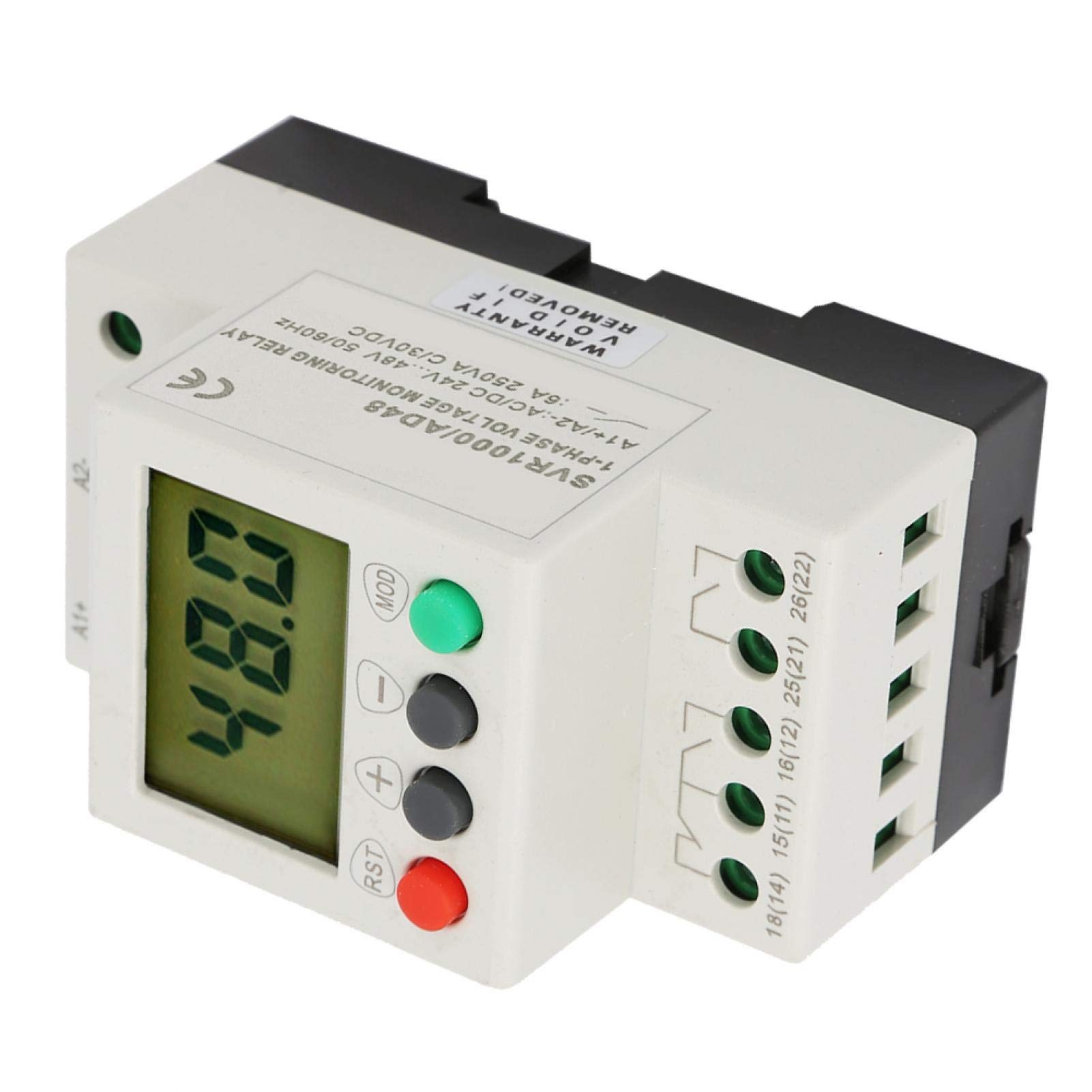 Relè di Protezione SVR1000, Sovratensione Sottotensione, AC/DC 20V-80V, Monofase, Display LCD, Installazione Guida DIN 35mm, 6A 250V