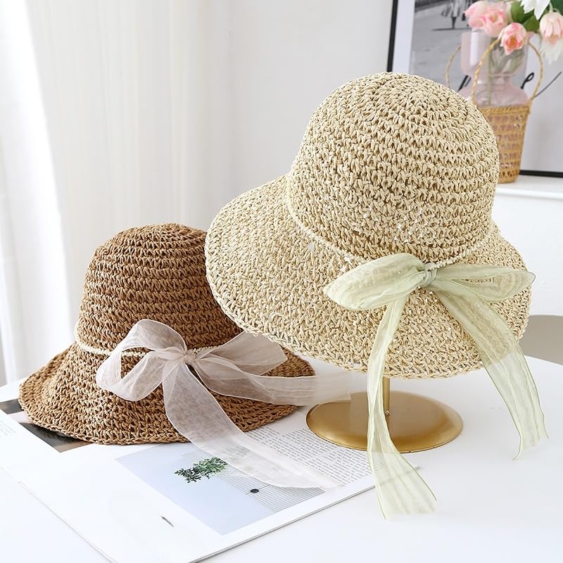 Sombrero de Paja Flexible de Verano para Mujer,de ala Ancha,Plegable,con Lazo de Tul,para Playa,Actividades Al Aire Libre